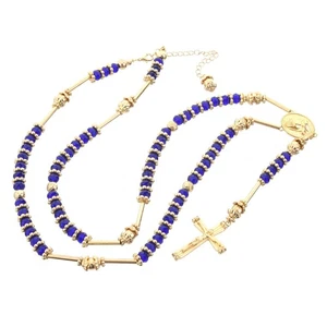 8mm Gold Royal BLUE Bead Rosary Pray Hand & Jesus Cross Necklace HR 200 GBL - Picture 1 of 4