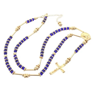 8mm Gold Royal BLUE Bead Rosary Pray Hand & Jesus Cross Necklace HR 200 GBL - Image 1 of 4