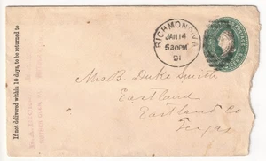 US Cover #U311 "To Mrs. B. Duke Smith" Richmond Postmark 1891 - Picture 1 of 2