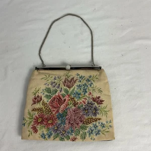 Vintage Galeao Clutch Purse Embroidered Flowers Cloth 7" x 6" Chain Strap - Picture 1 of 3