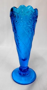 VTG LE SMITH ~ Blue Glass Bud Vase ~ Stars Scrolls Beads~ 6.5” Tall x 2.5”~ NICE - Picture 1 of 9