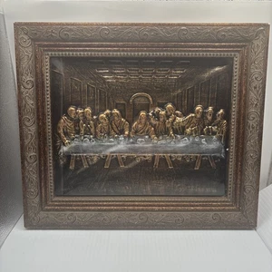 Arte de pared vintage enmarcado de metal en relieve “Última Cena” relieve de bronce 12,5x11” - Imagen 1 de 7