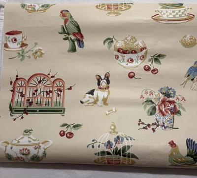 S A MAXWELL CO Vintage Wallpaper THREE ROLLS Fruit Birds Rooster Ginger Jar Dog - Image 1 of 4