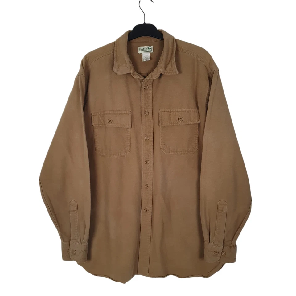 L.L.BEAN Beige Shirt Thick Chamois Long Sleeve Cotton Mens L — 第 1/4 张图片