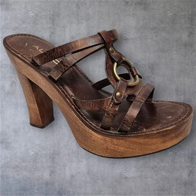 Sandalias de tacón alto vintage ALDO de cuero marrón con tiras de plataforma de madera talla 38 Foto 1 de 4
