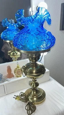 Vintage Fenton Colonial Blue Poppy Ruffled Student/Table Lamp 21” - Image 1 of 4