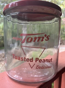 Barattolo Pubblicitario Tom's Toast Peanuts Stile Vintage Lettera Rossa con Coperchio Metallo Rosso - Foto 1 di 2
