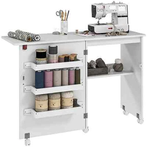 Folding Sewing Table Drop Leaf Craft Desk Storage Bins Open Shelf Wheels White - Picture 1 of 11