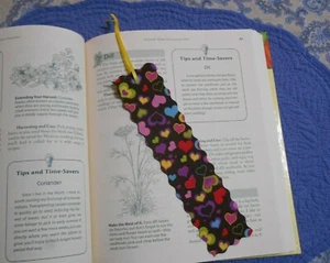 Bookmark Fabric or Cloth VALENTINE or HEART Themed Handmade Brown Yellow Ribbon - Picture 1 of 4