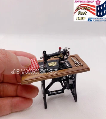 1/12 Miniature Sewing Machine Dollhouse Furniture With Scissor&Red Cloth Toy - Image 1 of 4