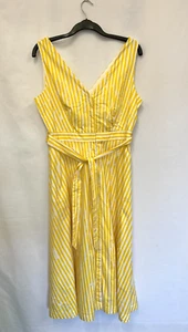 Jasper Conran Yellow & White Striped Midi Full Front Button Dress Size 14 - Picture 1 of 5