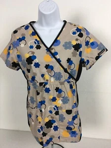Cherokee Women Scrub Top Size XS Light Brown with Flowers Elastic Waist Pockets - Picture 1 of 17