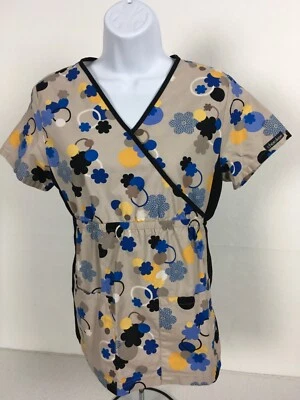Cherokee Women Scrub Top Size XS Light Brown with Flowers Elastic Waist Pockets - Image 1 of 4