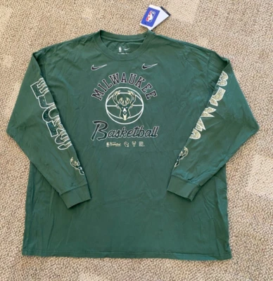 Nike Long Sleeve Basketball T Shirt Milwaukee Bucks DH6718 Men's 2XL Loose Fit - Image 1 of 3