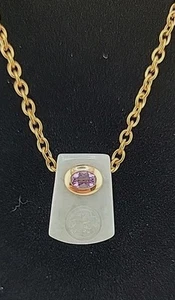 14K Yellow Gold Green Jade , Amethyst Slide Pendant, Vintage - Bild 1 von 6