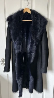 L.K Bennett Shearling Coat Suede Fur Sheepskin Navy XS UK8 - Image 1 of 4