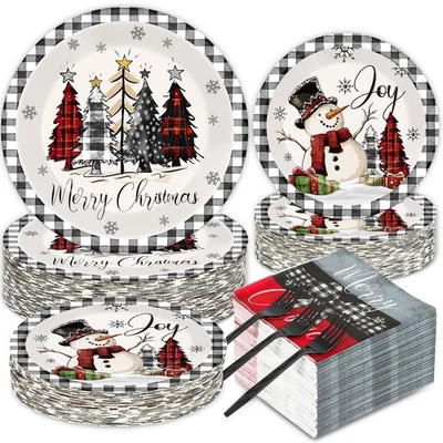 200 PCS Christmas Party Plates Napkins Farmhouse Tableware Set Buffalo Plaid ... - Image 1 of 4