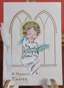 Antique EASTER Card SINGING ANGEL SCRAP @ Center of Arched Windows BLUE SILK BOW - Picture 1 of 4