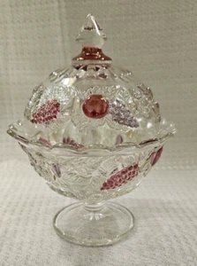 Westmoreland Della Robbia Piatto Caramelle 7" Piedi Alto con Coperchio Frutta Lampeggiante Uva - Foto 1 di 8