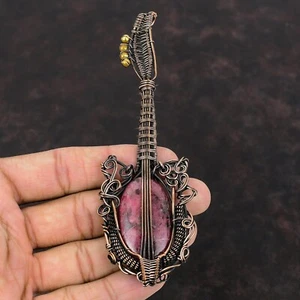 Rhodonite Wire Wrapped Guitar Pendant Handcrafted Copper Dailywear 5.31" - Picture 1 of 6