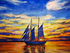 Aquarelle peinture paysage marin océan coucher de soleil voilier voilier yacht ACEO N°41