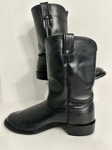 LARRY MAHAN  Black Smooth Ostrich Round Toe Ropers Exotic Leather Boots 8D USA - Picture 1 of 19