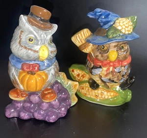 Owls Salt and Pepper Shakers Fall Theme Scarecrows Farm  - Picture 1 of 11