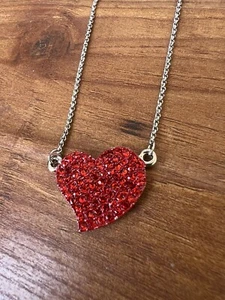 Pave Rhinestone Heart Pendant Necklace Delicate Red Crystals Silver Tone 16in - Picture 1 of 5