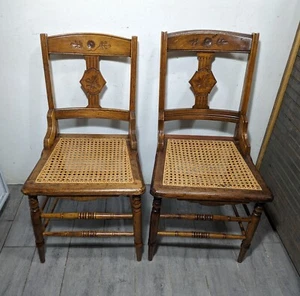 Antique Rustic Pair of Victorian Eastlake Carved Wood Cane Seat Dining Chairs - Picture 1 of 24