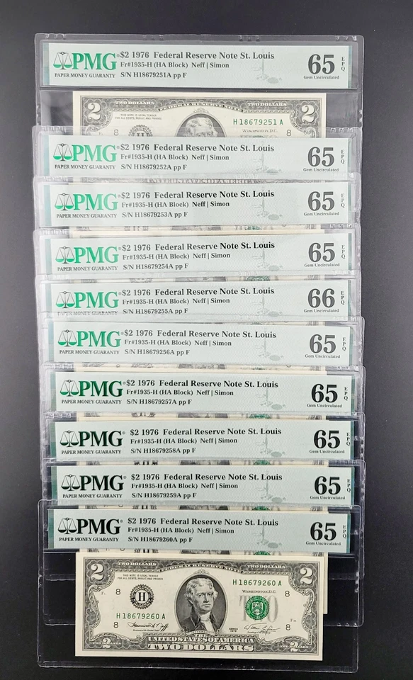 1976 $2 Federal Res. Notes St. Louis Fr#1935-H 65-66 EPQ Gem Unc. 10 Consecutive - Image 1 of 1