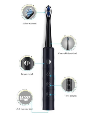 SPAZZOLINO ELETTRICO RICARICABILE SONICO ADULTI BAMBINI USB 6 MODALITA' 4TESTINE