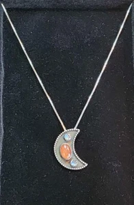 Sterling Silver Crescent Moon Pendant  With Sun Stone & Opals + 18" Chain - Picture 1 of 4