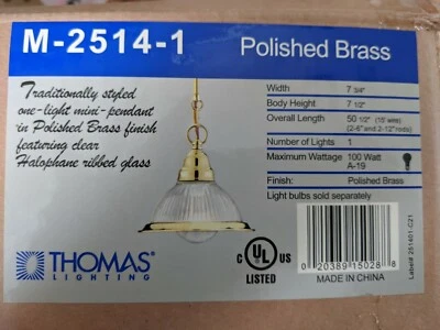 Thomas Lighting Mini-Pendant, Polished Brass, M-2514-1 One 100 watt bulb - Image 1 of 3