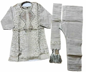 BOYS Sz7 India Pakistan 6-7 yr Kurta pajama sherwani Bollywood 4pc Beige GRAY - Picture 1 of 12