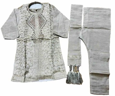 BOYS Sz7 India Pakistan 6-7 yr Kurta pajama sherwani Bollywood 4pc Beige GRAY - Image 1 of 4