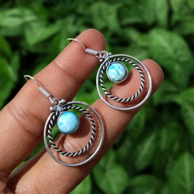 Glorioso Larimar Piedras Preciosas Colgante Gota 1 Par Pendientes Chapados en Plata 925 Joyería Foto 1 de 4