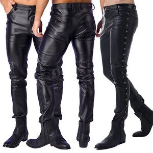 Mens Wet Look Patent Leather Tights Long Pants Slim Fit Trousers Rave Clubwear - Picture 1 of 41