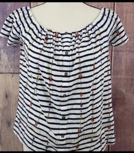 Lucky Brand Size Small Stripe Off The Shoulder Embroidery White Top Women - Picture 1 of 4