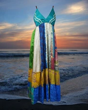 Womens FASHION DIVA Silk Maxi Dress, Blue Beach Maxi Dress, Flowy Dresses, S/M