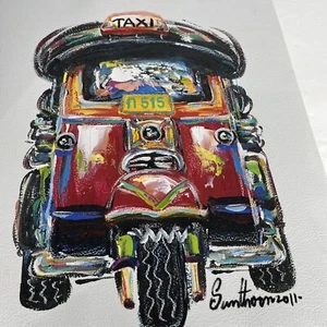 Street Art Big Urban Gemälde Leinwand Modern Abstrakt Taxi Fahrrad Auto Taxi / Original - Bild 1 von 6