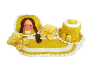 Vintage Crochet Bathroom Set Yellow Poodle Soap Covers Toilet Paper Tank Mat Etc - Picture 1 of 8