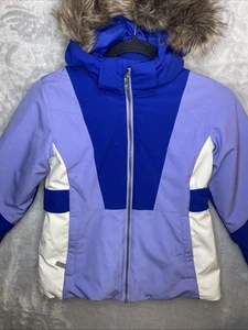 Spyder Girls Lola Ski Snowboard Jacket Size 8 Blue Hooded Insulated Fur Trim - Picture 1 of 10