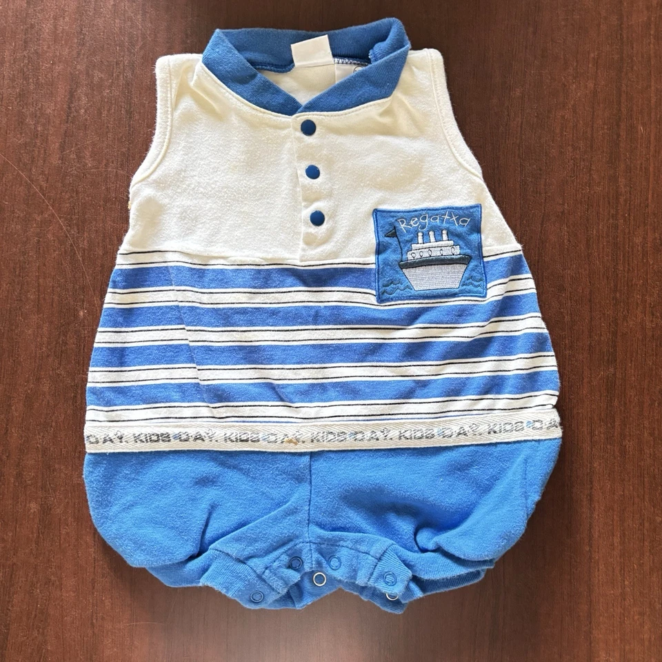 Vintage Nautical Striped Boys Day Baby Bubble Bodysuit  Romper Sailor Baby 3-6m - Image 1 of 4