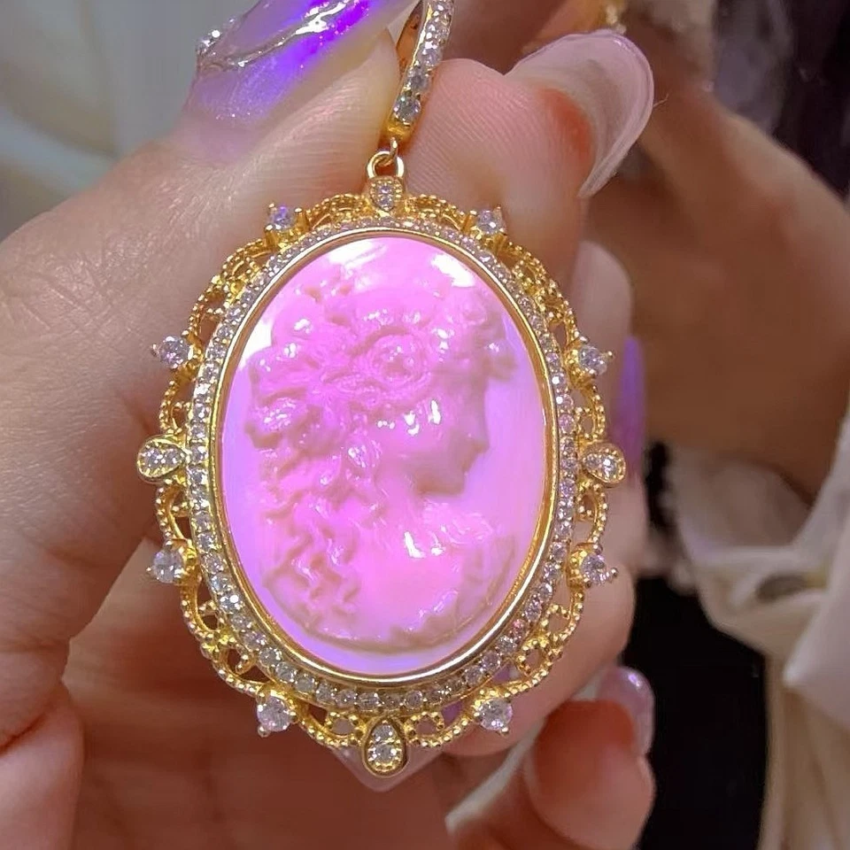 925 sterling silver pink Cameo shell vintage jewelry Pendant estate jewelry gift - Image 1 of 1