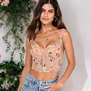 Women's Embroidered Floral Crop Corset Top Sleeveless Bustier Mesh Multicolor - Picture 1 of 10
