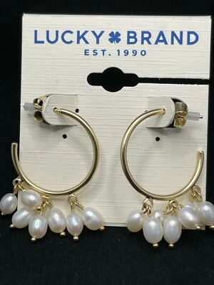 LUCKY BRAND Freshwater Pearl Charms Gold-Tone 1.5" Hoop Post Earrings NWT $29 - Image 1 of 4