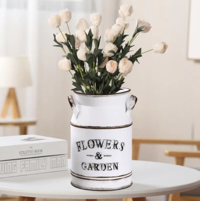 Vintage French Country Flower Vase Rustic Pot Iron Pitcher Jug Decor Milk Can - Image 1 of 4
