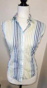 600 West Größe Small gelb & blau gestreiftes ärmelloses Damenoberteil/Knopfleiste - Bild 1 von 2