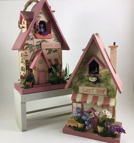 Set Of Two~BIRDHOUSES~Sweet Shop~Flower Shop~Pinks~Whimsical~Approx. 9” Tall~NEW Cover