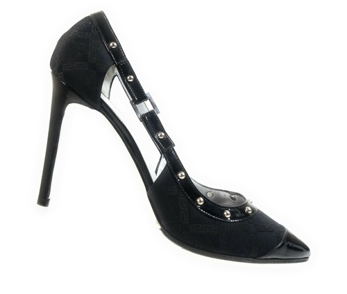 Versace scarpe donna nere tessuto pelle borchie D'Orsay tacco alto misura 39 5